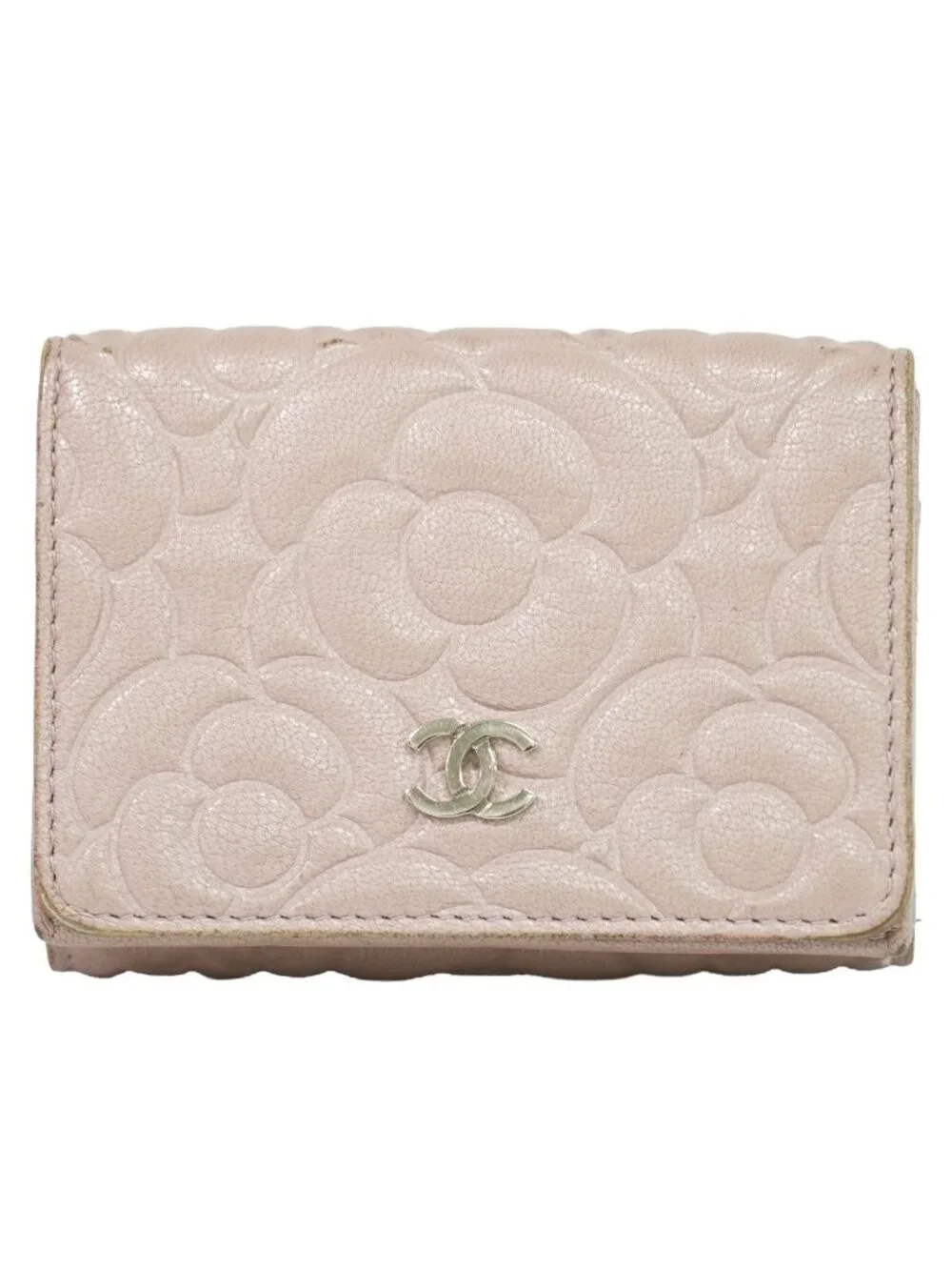 Chanel Camellia CC Logo Trifold Folded Wallet Compact Leather Pink